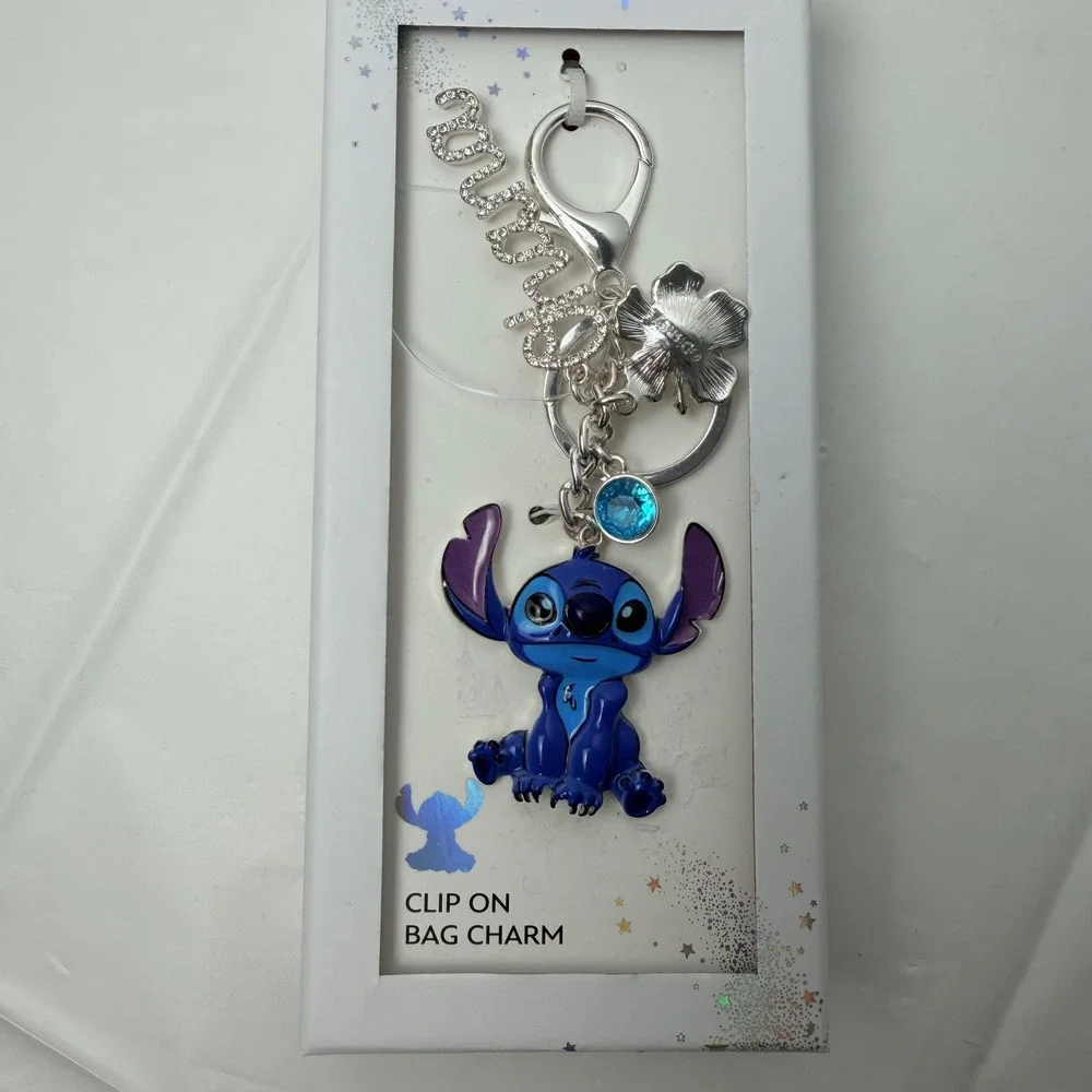 Disney Lilo & Stitch Ohana Enamel Bag Charm Keychain Silver Tone Blue Hibiscus
